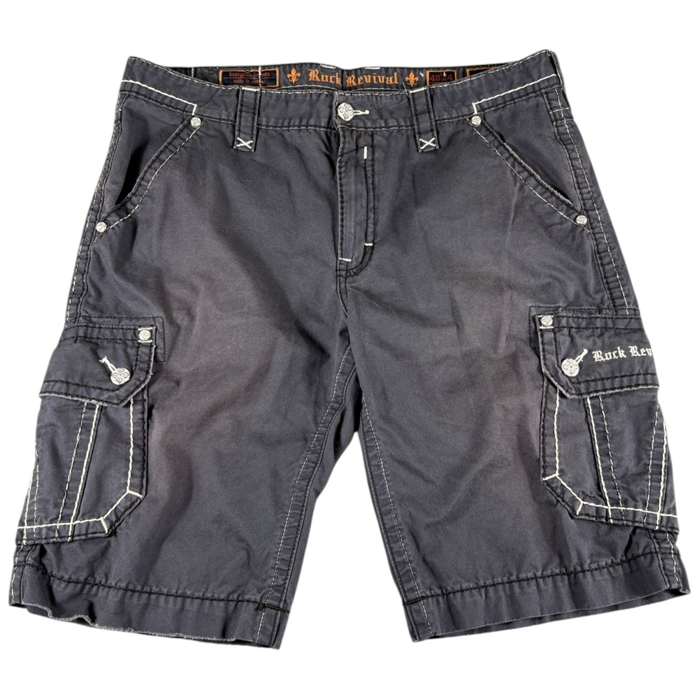 Rock Revival Cargo Shorts Men's 40 Black Embroidered Durable Y2K Grunge Street